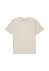 Beige Baumwoll-T-Shirt mit kurzen Ärmeln, Rundhalsausschnitt und kleinem grünen "Element"-Logo auf der Brust. Glatte Textur, lässiges Design.