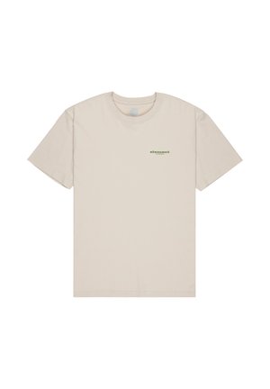 T-shirt di cotone beige con maniche corte, collo tondo e piccolo logo verde "element" stampato sul petto. Tessuto morbido, design casual.