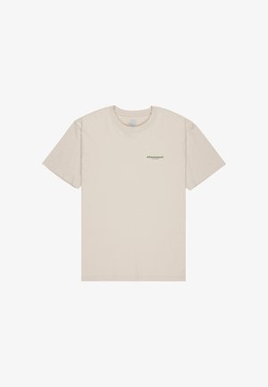 Beige Baumwoll-T-Shirt mit kurzen Ärmeln, Rundhalsausschnitt und kleinem grünen "Element"-Logo auf der Brust. Glatte Textur, lässiges Design.