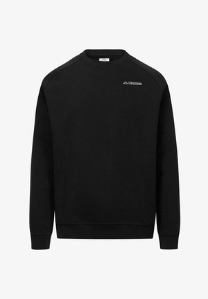 Felpa nera con scollo rotondo, polsini e orlo a costine, con un piccolo logo bianco sul petto a sinistra. Tessuto morbido al tatto.