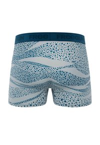 Boxers bleus pour hommes avec un motif à pois de différentes teintes. Conçus en tissu lisse avec une ceinture contrastée étiquetée "Freegun."