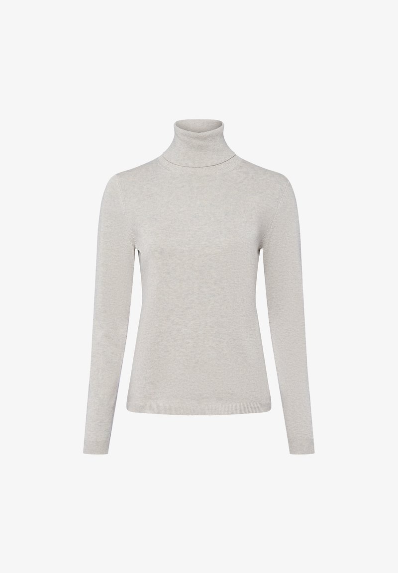 Hellgrauer, langärmeliger Rollkragenpullover aus einem weichen, strukturierten Stoff; taillierte Passform mit geripptem Kragen und Bündchen.