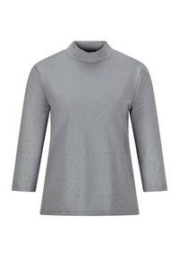 Silberner Mock-Turtleneck-Pullover mit langen Ärmeln, aus strukturiertem Stoff gefertigt, der schimmert, mit lockerer Passform und minimaler Gestaltung.