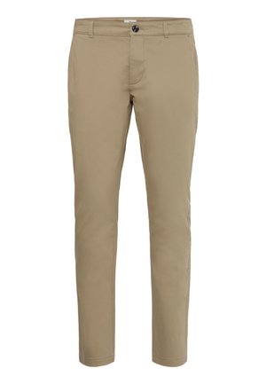 Beige Baumwollchinos mit Slim-Fit. Verfügt über einen Knopfverschluss, Gürtelschlaufen und Seitentaschen. Glatte Textur mit flachen Nähten.
