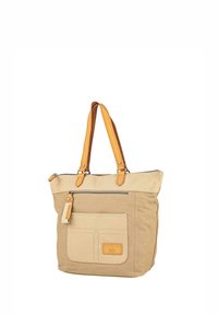 Bolsa tote de lona beige con asas de cuero marrón, cierre superior con cremallera, bolsillo delantero y etiqueta de cuero con marca. Tela texturizada con detalles cosidos.