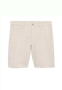 Beige Leinen Shorts mit glatter Textur, ausgestattet mit zwei Seitentaschen, einem einzelnen Knopfverschluss und einem klassischen Taillendesign.