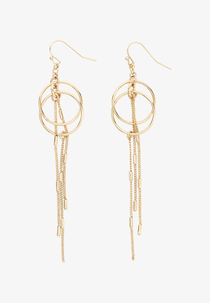 Orecchini a cerchio in oro con più cerchi intrecciati, catene pendenti e accenti rettangolari, creando un design dinamico e stratificato.