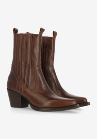 Botas de tobillo de cuero marrón con punta afilada, costuras verticales y lengüetas; cuenta con un tacón apilado y un sutil detalle de marca.