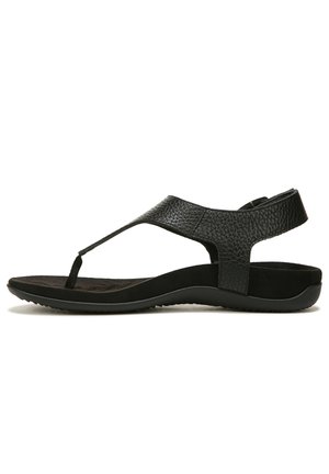Black leather sandal with textured straps, rubber sole, and adjustable back. Design features a toe post and cushioned footbed.