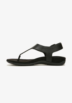 Black leather sandal with textured straps, rubber sole, and adjustable back. Design features a toe post and cushioned footbed.