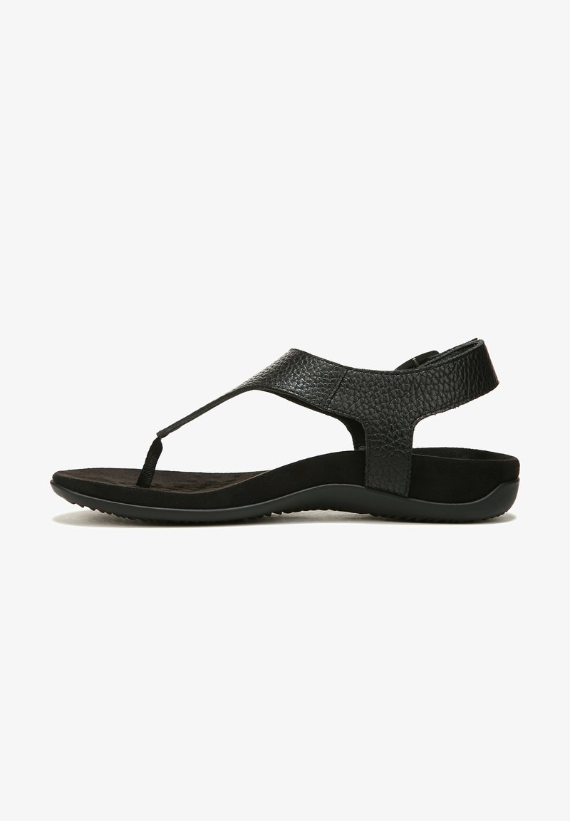 Zwarte leren sandaal met gestructureerde banden, rubberen zool en verstelbare achterkant. Het ontwerp heeft een teenpost en een gevoerde voetbed.