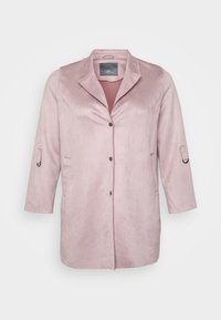 Light pink, soft velvet jacket with a shawl collar, button closure, and side pockets. Three-quarter sleeves with adjustable cuff detail.