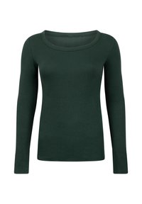 Langarmtop in donkergroen, gemaakt van ribbelstof. Beschikt over een brede, ronde halslijn en een getailleerd ontwerp. Gladde textuur.
