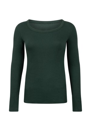 Langarmtop in donkergroen, gemaakt van ribbelstof. Beschikt over een brede, ronde halslijn en een getailleerd ontwerp. Gladde textuur.