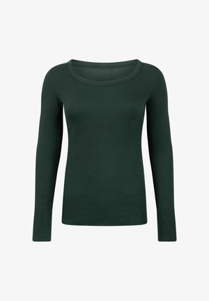 Langarmtop in donkergroen, gemaakt van ribbelstof. Beschikt over een brede, ronde halslijn en een getailleerd ontwerp. Gladde textuur.