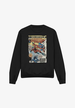 Black sweatshirt featuring a vintage Spider-Man comic cover with Spider-Man and Tarantula in action, text "Danger! A man called Tarantula!"
