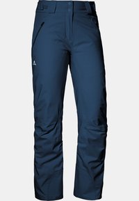 Navy blue softshell pants with a smooth texture, zippered pockets, reinforced knees, and a fitted waist featuring dual button closures.