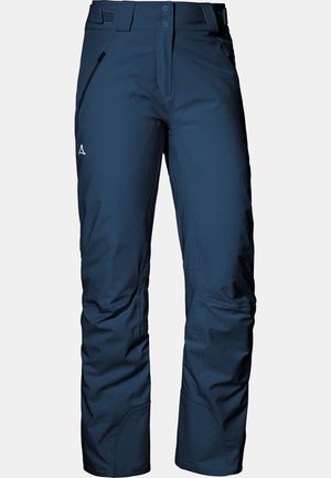 Navyblaue Softshell-Hosen mit glatter Textur, Reißverschlusstaschen, verstärkten Knien und einer taillierten Taille mit doppelten Knopfverschlüssen.