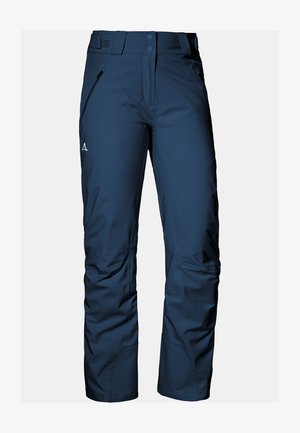 Navyblaue Softshell-Hosen mit glatter Textur, Reißverschlusstaschen, verstärkten Knien und einer taillierten Taille mit doppelten Knopfverschlüssen.