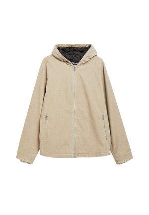 Beige Kapuzenjacke mit Frontreißverschluss und zwei seitlichen Reißverschlusstaschen, flachliegend mit ausgestreckten Ärmeln dargestellt.