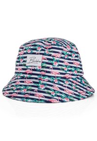 Navyfarbener Bucket Hat mit weißen Streifen, verziert mit rosa Flamingos und grünen Blättern. Aus einem Stoff mit subtiler Textur; sichtbares Markenlabel.