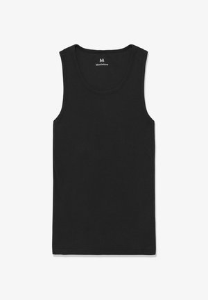 Débardeur sans manches noir avec texture côtelée, étiquette de marque Matinique visible à l'intérieur du col.