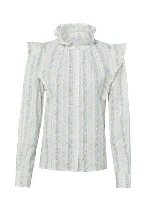 Weiße Langarmbluse mit vertikalen blauen und grünen Blumenstreifen, gerafftem Stehkragen und gerafften Schulterdetails.