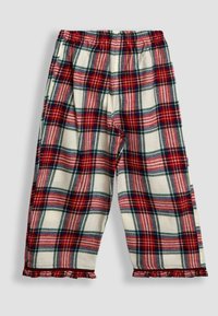 Karierten Baumwollhosen mit elastischem Bund. Rote, blaue und cremefarbene Farben im Karomuster. Mit Rüschenabschlüssen an den Knöcheln.