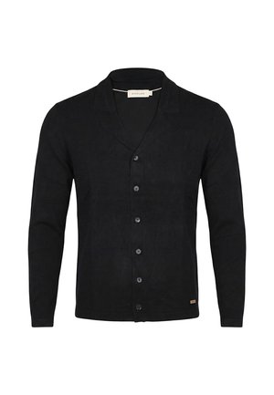Cardigan nero a maniche lunghe con bottoni, colletto, cinque bottoni sul davanti e piccolo logo rettangolare vicino all'orlo inferiore sul lato sinistro.