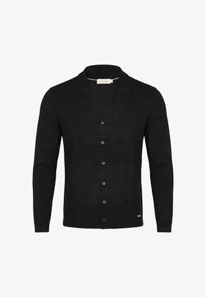 Cardigan nero a maniche lunghe con bottoni, colletto, cinque bottoni sul davanti e piccolo logo rettangolare vicino all'orlo inferiore sul lato sinistro.