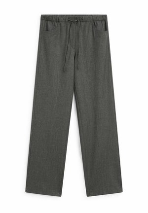 Gray, wide-leg pants made of soft fabric with an elastic waistband and drawstring. Feature two front pockets. Smooth texture, casual design.