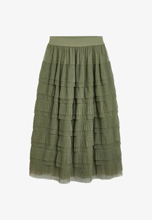 Maslinasto zelena suknja s više slojeva, s horizontalnim nabora, s širokim elastičnim pojasom. Materijal izgleda lagano i teksturirano.