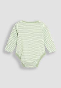 Body cu maneci lungi, din bumbac moale, de culoare verde deschis cu dungi, având capse în partea de jos și un guler rotund cu bordură contrastantă.