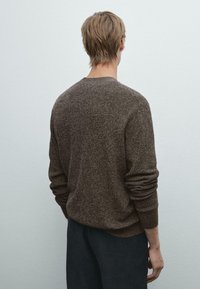 Brown knit sweater with a textured finish, crew neck, and ribbed cuffs. The design features a relaxed fit, viewed from the back.