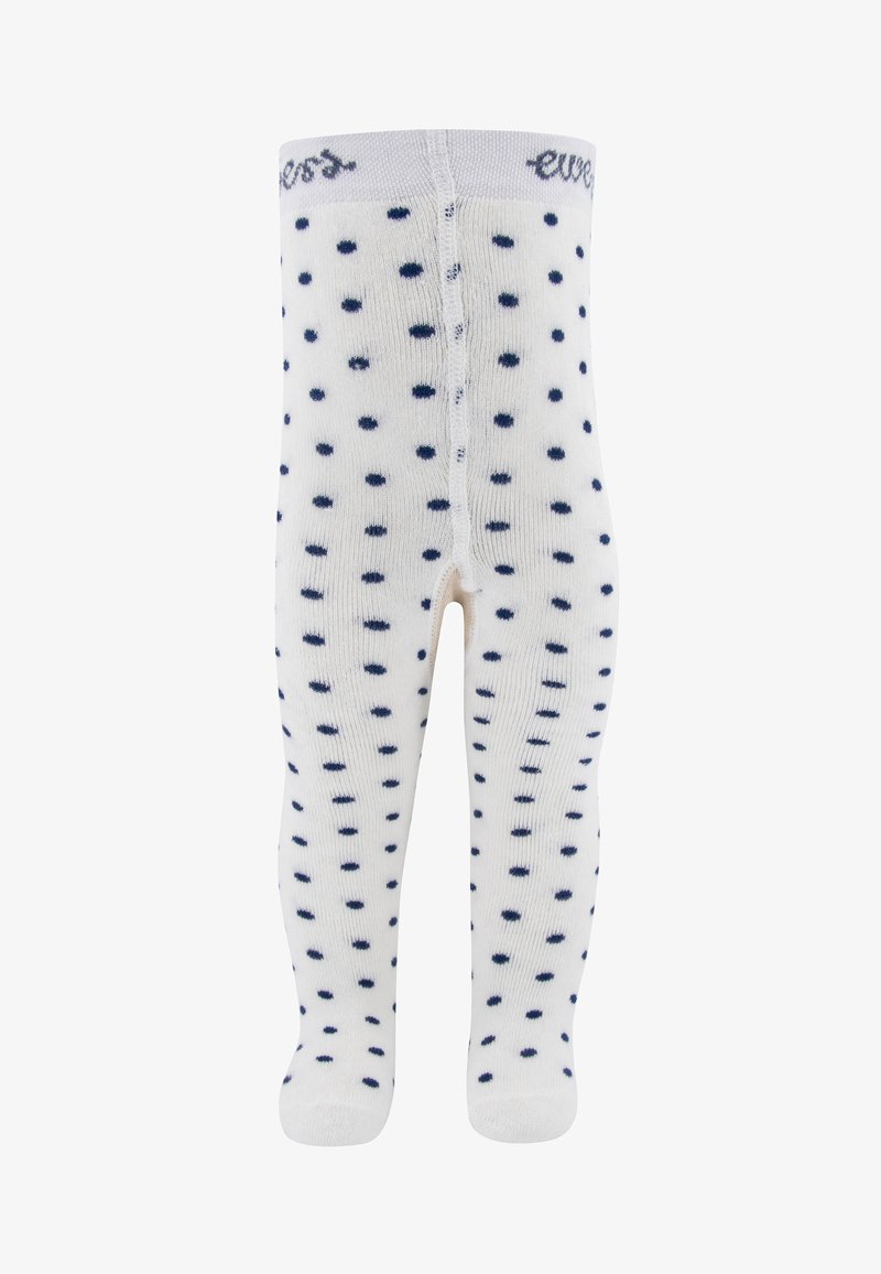 Weiße Strumpfhosen mit marineblauen Punkten, gerippter Textur, elastischem Bund und verstärkter Zehenpartie. Einfaches, klassisches Design, das sich gut für die Freizeit eignet.