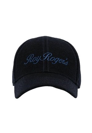 Cappellino da baseball nero in lana con visiera curvata. Presenta un ricamo blu con la scritta "Roy Roger's" sul davanti. Texture liscia.