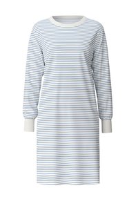 Abito a righe in tessuto leggero, con maniche lunghe e polsini arricciati, collo rotondo e righe blu e bianche alternate.