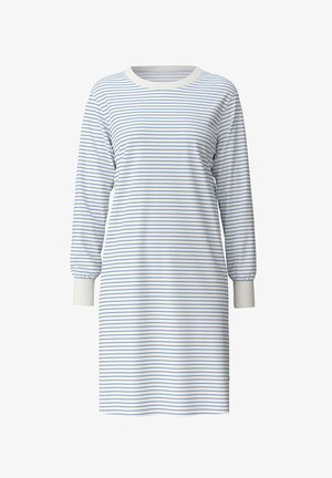 Gestreepte jurk in lichtgewicht stof, met lange mouwen met geplooide manchetten, een ronde hals en afwisselende blauwe en witte strepen.