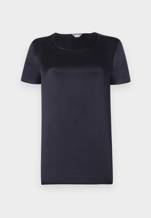 Himmelblaues Kurzarmtop aus glattem, glänzendem Stoff mit quadratischem Ausschnitt und lockerer Passform. Keine Muster oder Verzierungen.