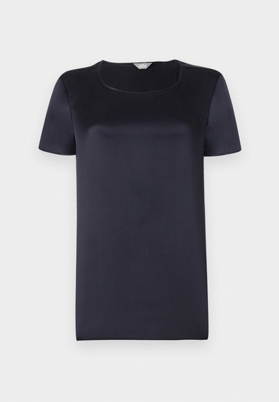 Navy blue short-sleeve top made of smooth, shiny fabric with a square neckline and loose fit. No patterns or embellishments.