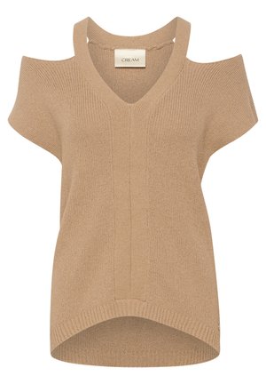 Beige gestrickter ärmelloser Pullover mit V-Ausschnitt und Cutouts an den Schultern, geripptem Saum und Markenetikett im Kragen.