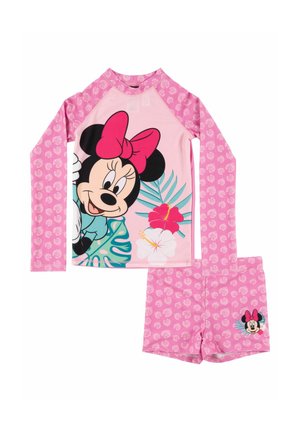 Mädchen pinkes langärmliges Bade-Set mit Minnie-Maus-Grafik, tropischen Blättern, Blumen am Oberteil und gemusterten Shorts mit Minnie-Detail.