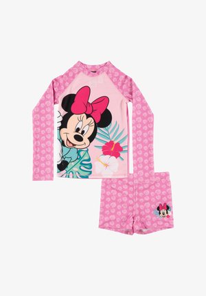 Set da bagno rosa a maniche lunghe per bambine con grafica di Minnie Mouse, foglie tropicali, fiori sulla parte superiore e pantaloncini patternati con dettaglio di Minnie.