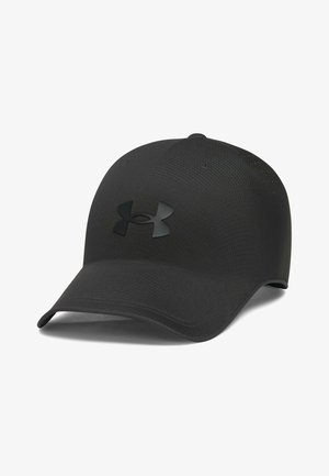 Black Under Armour baseball cap with curved brim and black Under Armour logo on front, shown against a white background.