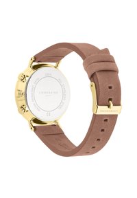 Roze lederen horloge met een gouden roestvrijstalen kast. Voorzien van een ronde kast achterkant, drie kroonknoppen en merkgravure op de band.