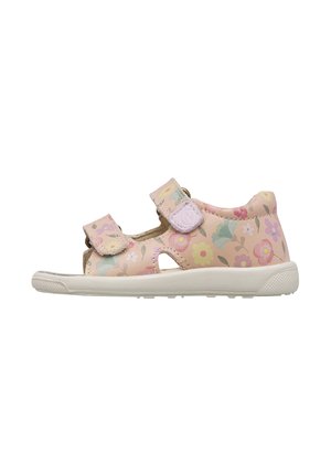 Sandalo rosa per bambino piccolo con motivo floreale multicolore, due cinturini regolabili in Velcro e suola in gomma bianca.