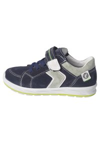 Navy suede sneaker with grey accents, white stitching, and a Velcro strap. Features a white sole with green detailing and textured surface.