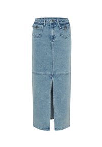 Denim-Maxikleid in Hellblau mit einem vorderen Schlitz, hoher Taille und zwei vorderen Taschen. Hat Stichdetails entlang der Nähte.