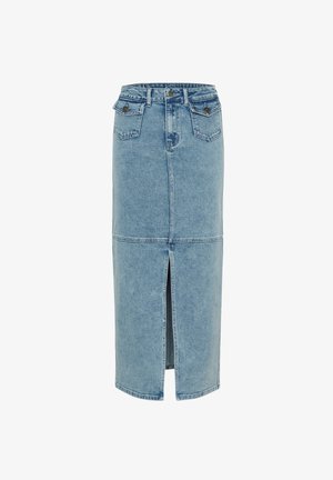 Fustă maxi din denim de culoare albastru deschis, cu o fanta frontală, talie înaltă și două buzunare frontale. Prezintă detalii de cusătură pe marginile cusăturilor.