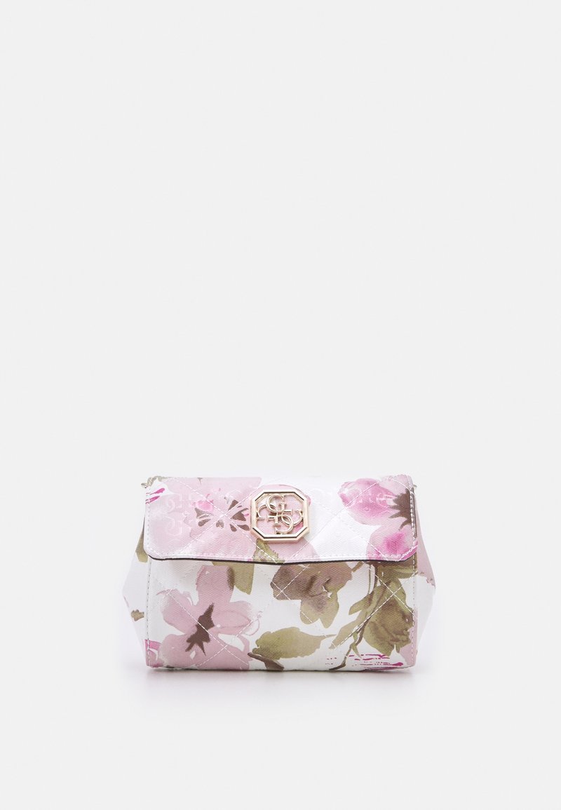Kleine rechthoekige bloemmotief clutch bag van gewatteerde stof in roze, wit en groen, met een gouden achtkantige sluiting met in elkaar grijpende letters.